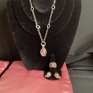 Pink‎ Stone Jewelry Set Necklace Earrings Silver Tone - Ring Gold Tone Women's